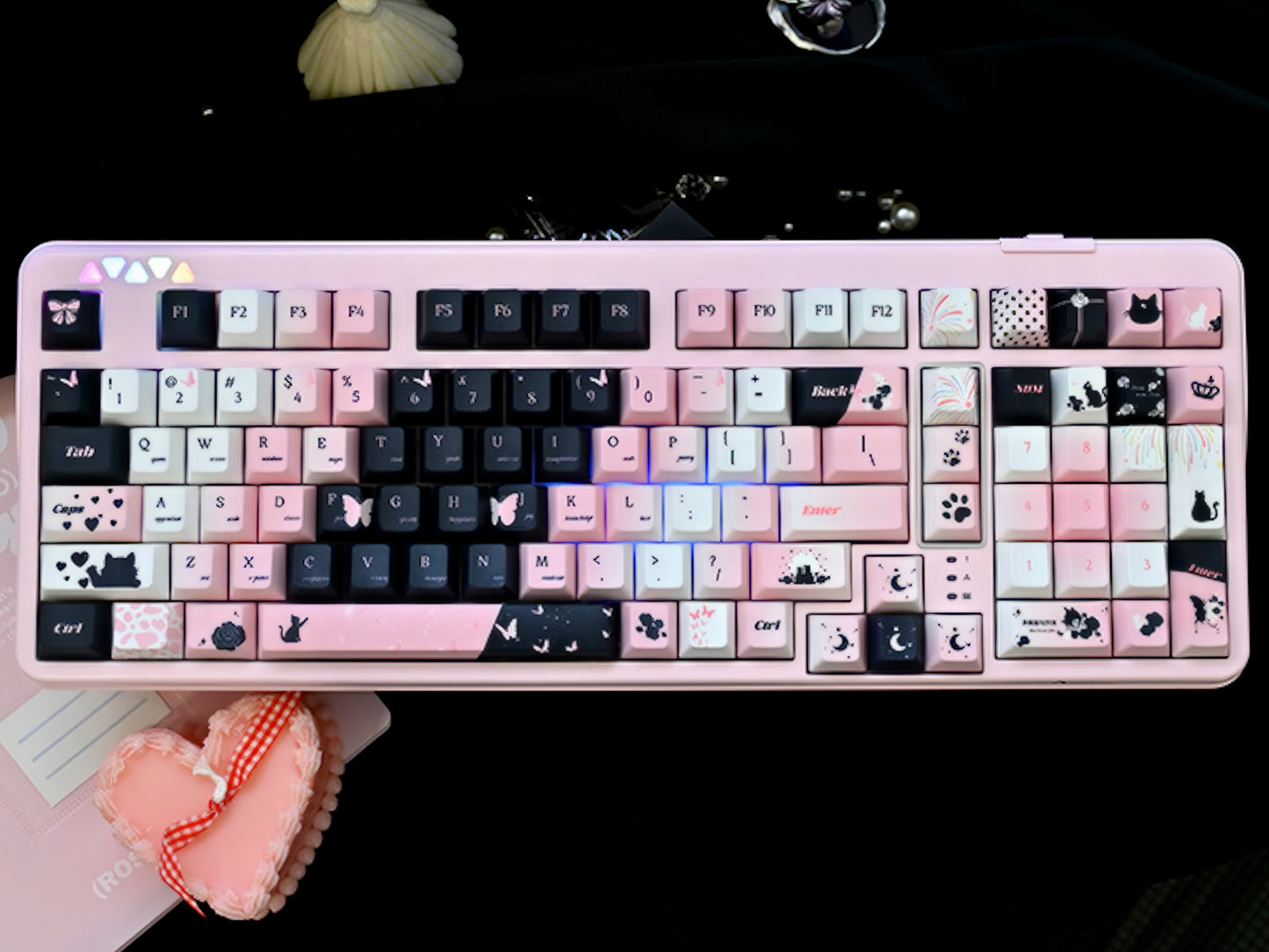 Black Cat Rose Black Keycaps Set Black&Pink Cherry Keycaps for Mechanical Keyboard