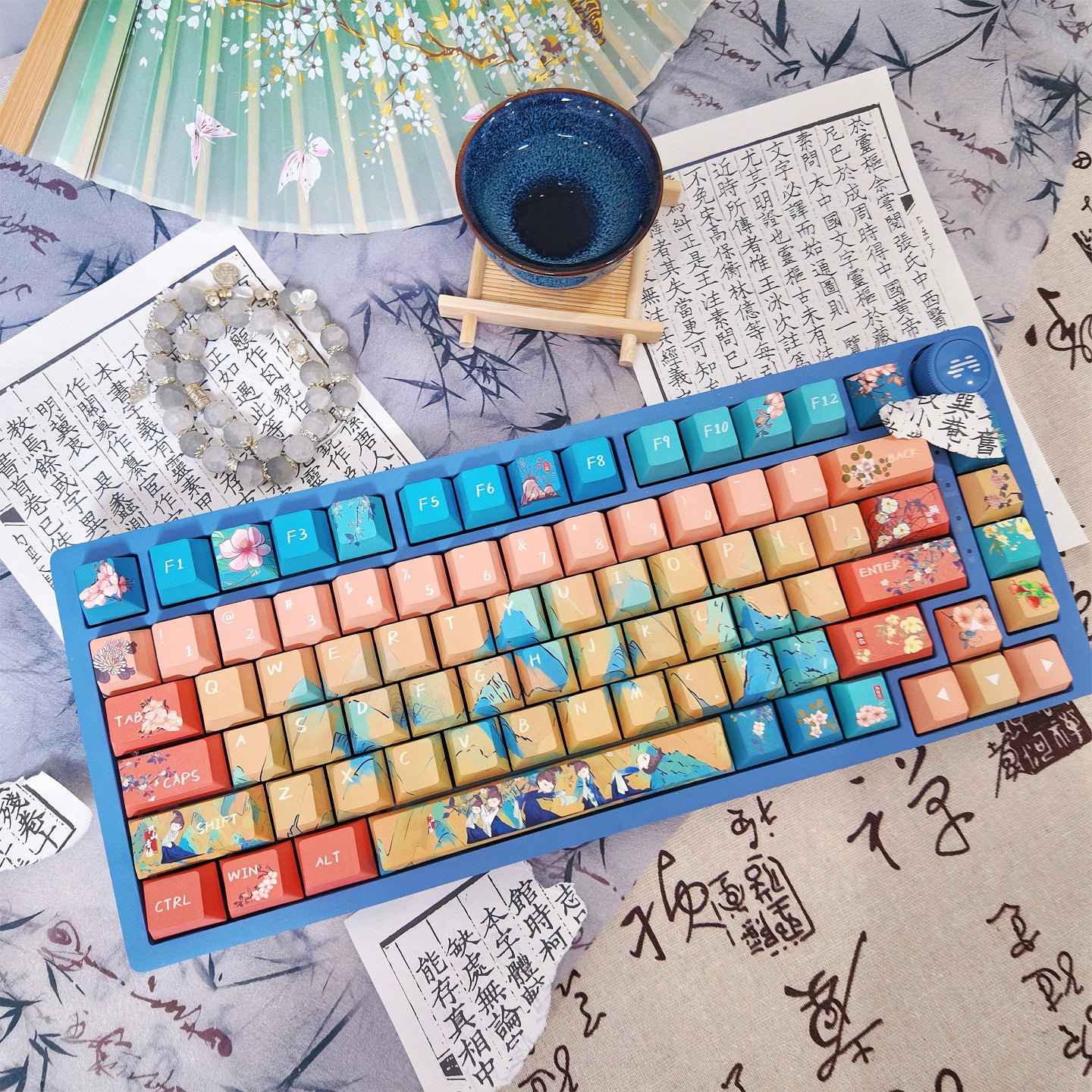 Limited Edition Chinese Style Keycaps Set for Mechanical Keyboard, Green Landscape Cherry Theme Keycaps'A Thousand Miles of Rivers and Mountains'