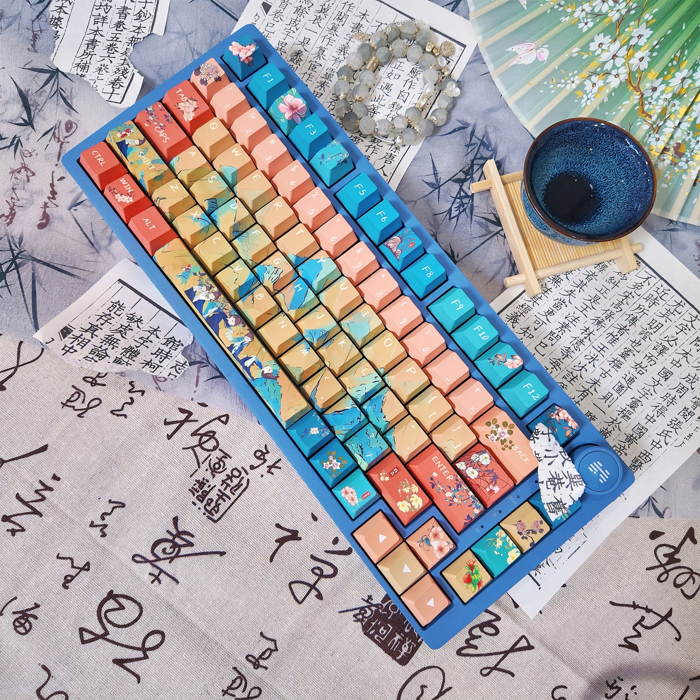 Limited Edition Chinese Style Keycaps Set for Mechanical Keyboard, Green Landscape Cherry Theme Keycaps'A Thousand Miles of Rivers and Mountains'