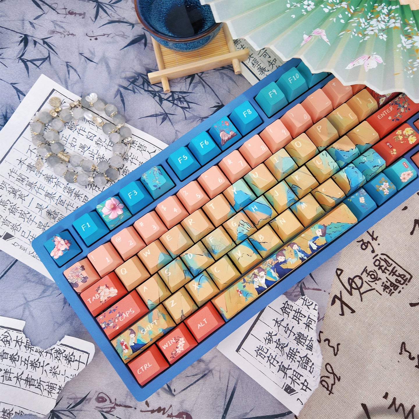 Limited Edition Chinese Style Keycaps Set for Mechanical Keyboard, Green Landscape Cherry Theme Keycaps'A Thousand Miles of Rivers and Mountains'