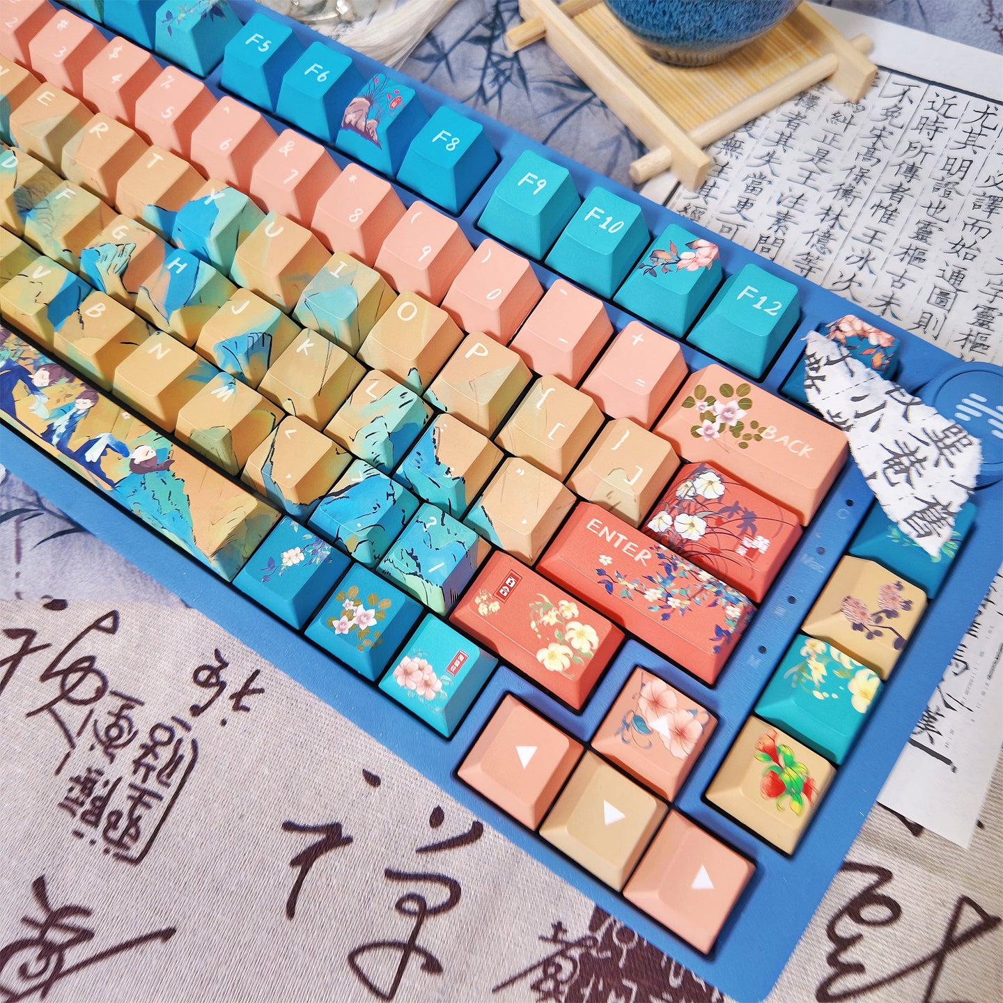 Limited Edition Chinese Style Keycaps Set for Mechanical Keyboard, Green Landscape Cherry Theme Keycaps'A Thousand Miles of Rivers and Mountains'