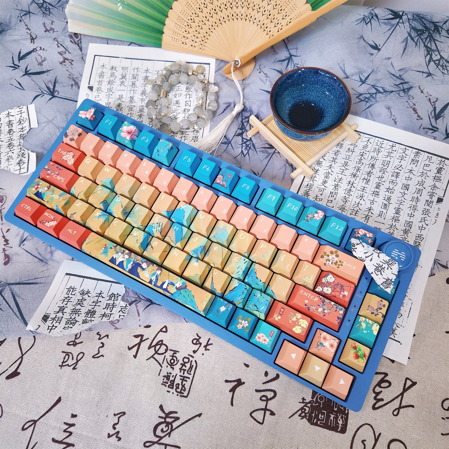 Limited Edition Chinese Style Keycaps Set for Mechanical Keyboard, Green Landscape Cherry Theme Keycaps'A Thousand Miles of Rivers and Mountains'