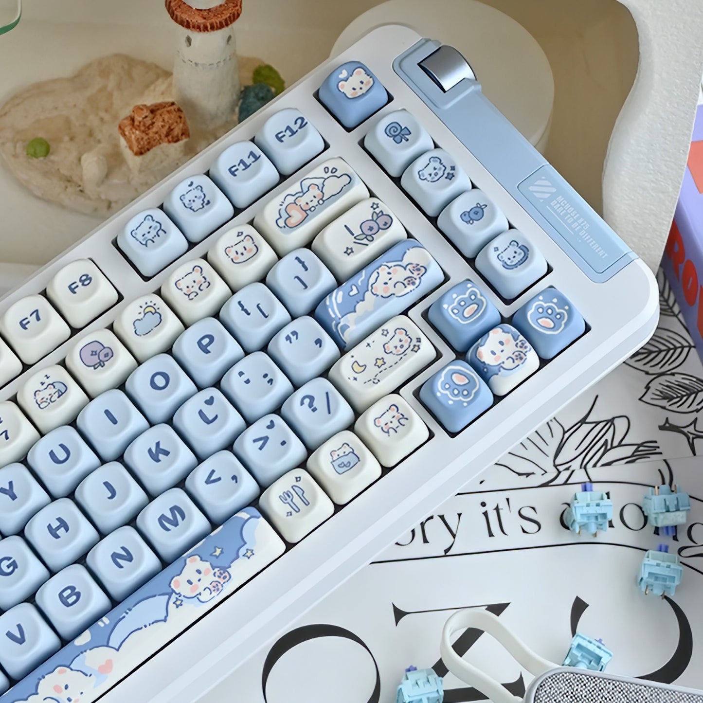 Kawaii Ice Cream Bear Keycaps Set, Cute Cartoon MOA Keycaps for Mechanical Keyboard