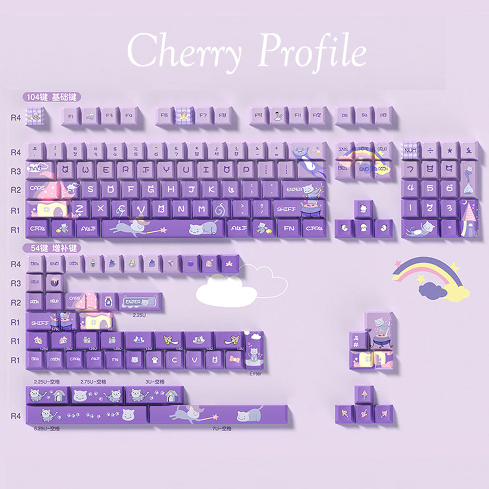 Limited Edition Meow Fairy Castle Themed Keycaps Set, Cute Cat Purple Cherry Profile Keycaps for Mechanical Keyboard