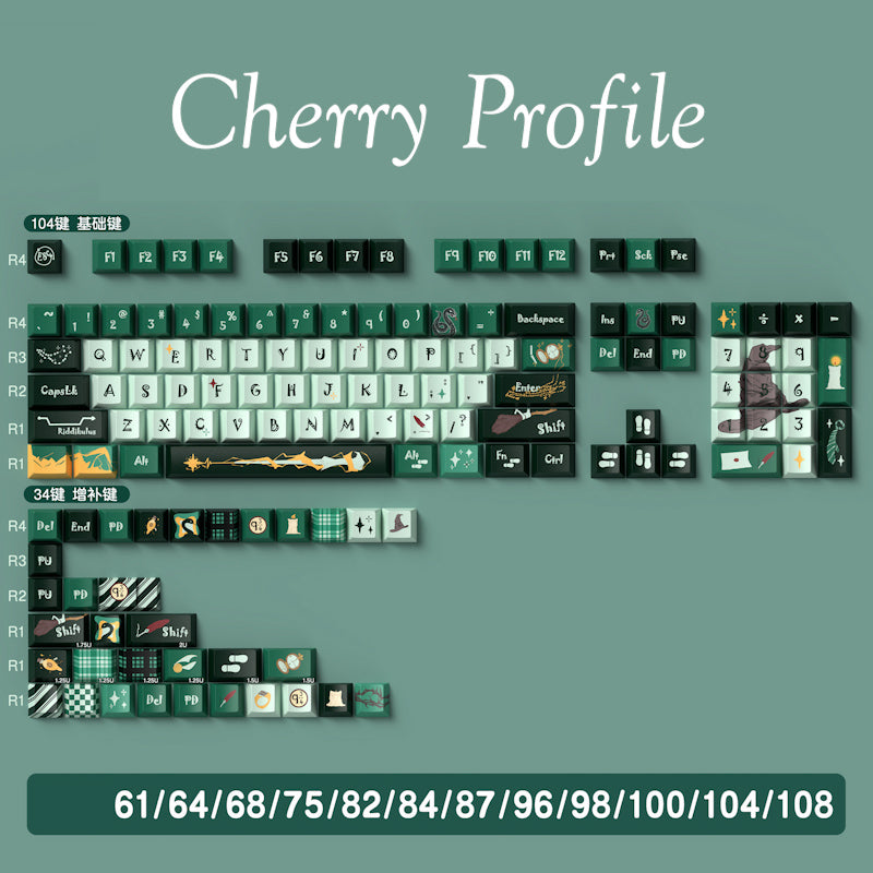 Limited Edition Harry Potter Slytherin Theme Keycaps Set for Mechanical Keyboard, Dark Green & Black Magic Wizard Style Cherry Keycaps Sets