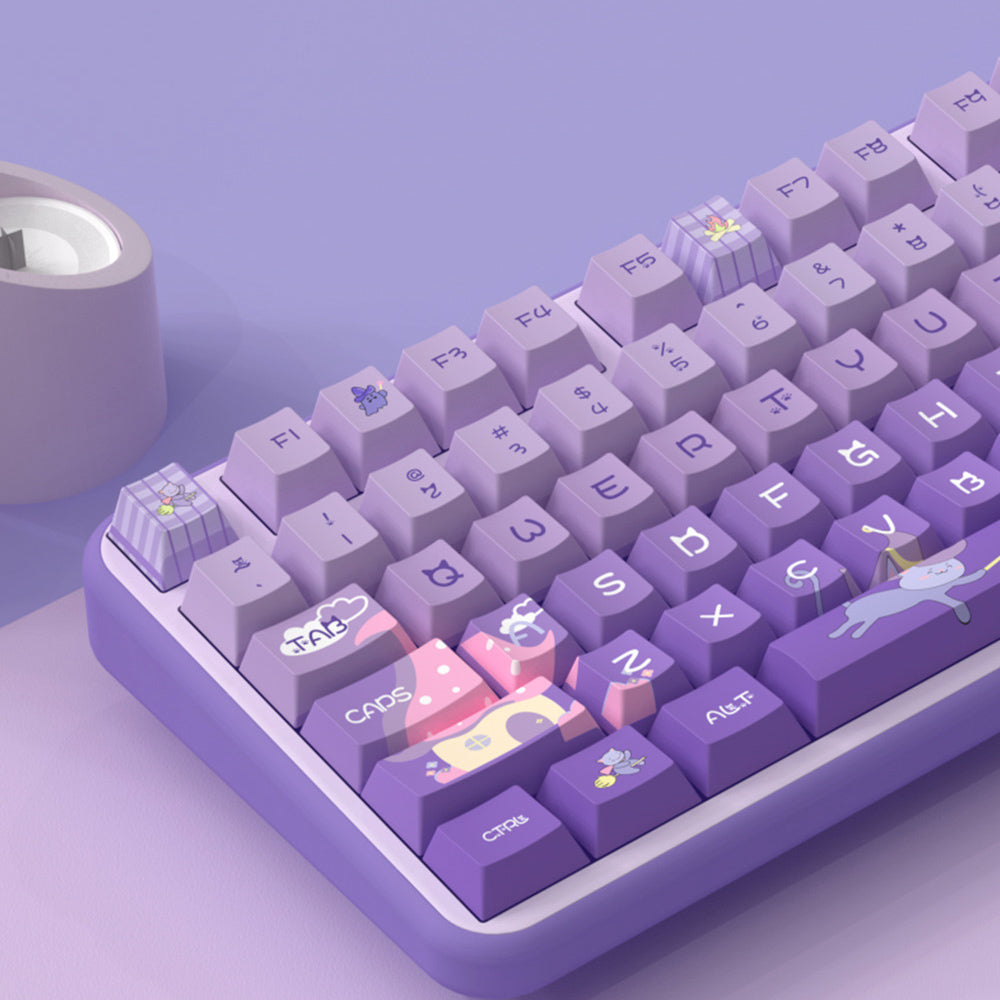 Limited Edition Meow Fairy Castle Themed Keycaps Set, Cute Cat Purple Cherry Profile Keycaps for Mechanical Keyboard