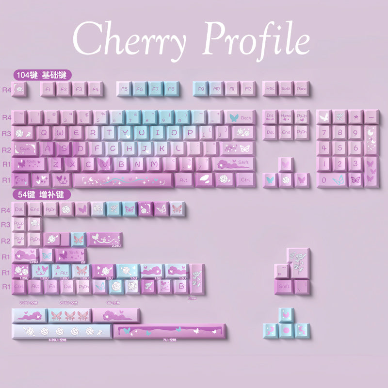 Limited Edition Dreamy Purple Butterfly Themed Keycaps Set, Cute Aesthetic MDA/Cherry Keycaps for Mechanical Keyboard
