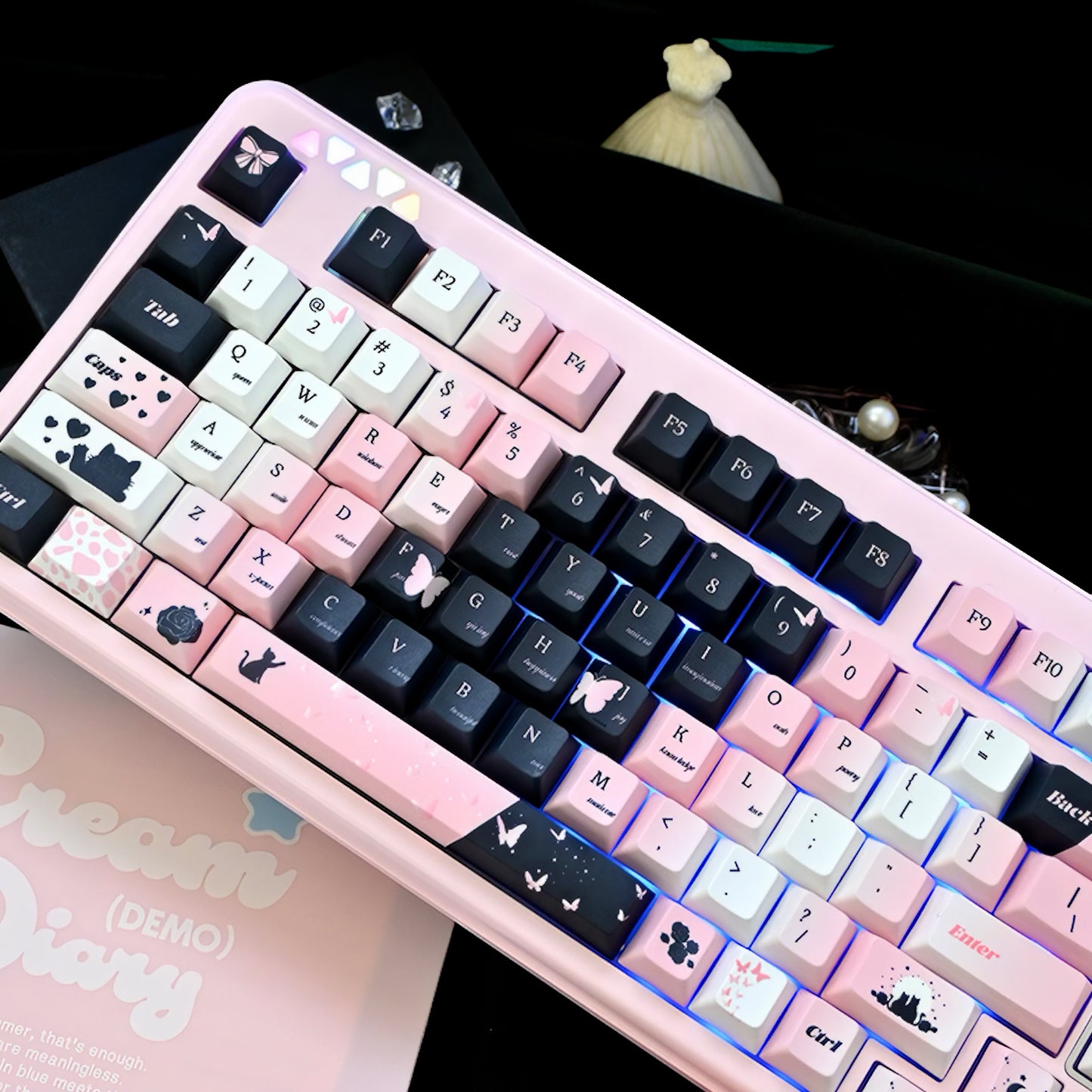 Black Cat Rose Black Keycaps Set Black&Pink Cherry Keycaps for Mechanical Keyboard