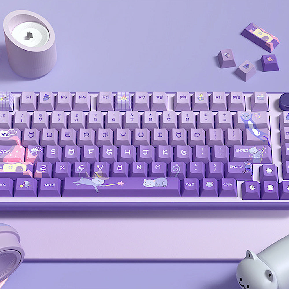 Limited Edition Meow Fairy Castle Themed Keycaps Set, Cute Cat Purple Cherry Profile Keycaps for Mechanical Keyboard