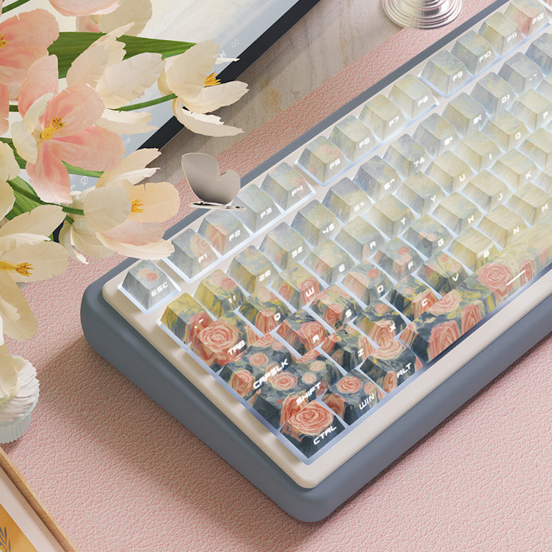 Limited Edition Sunset Flowers Themed Keycaps Set, Cherry Profile Side-Engraved Keycaps for Mechanical Keyboard