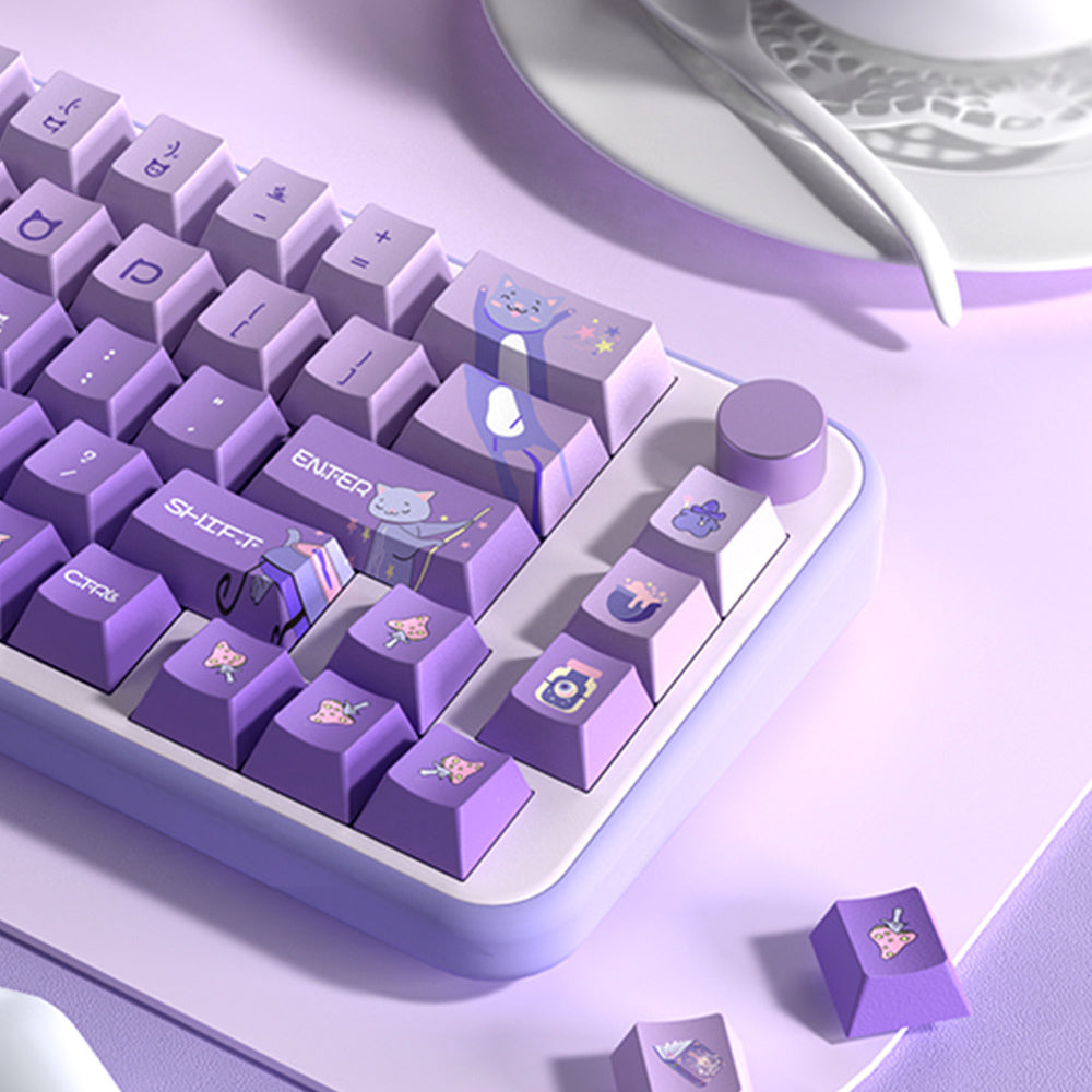 Limited Edition Meow Fairy Castle Themed Keycaps Set, Cute Cat Purple Cherry Profile Keycaps for Mechanical Keyboard
