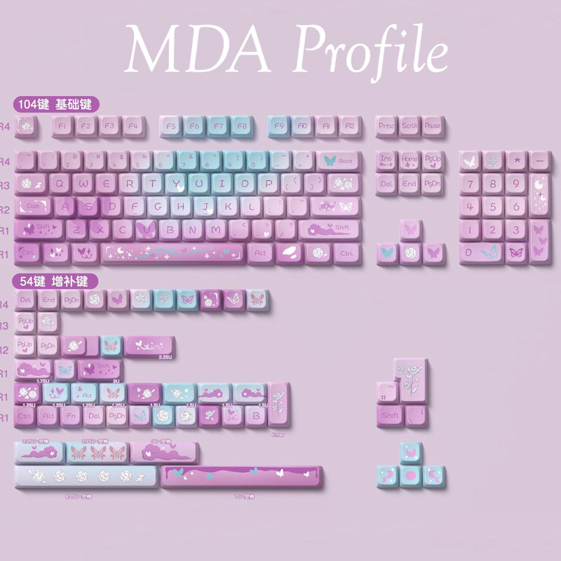 Limited Edition Dreamy Purple Butterfly Themed Keycaps Set, Cute Aesthetic MDA/Cherry Keycaps for Mechanical Keyboard