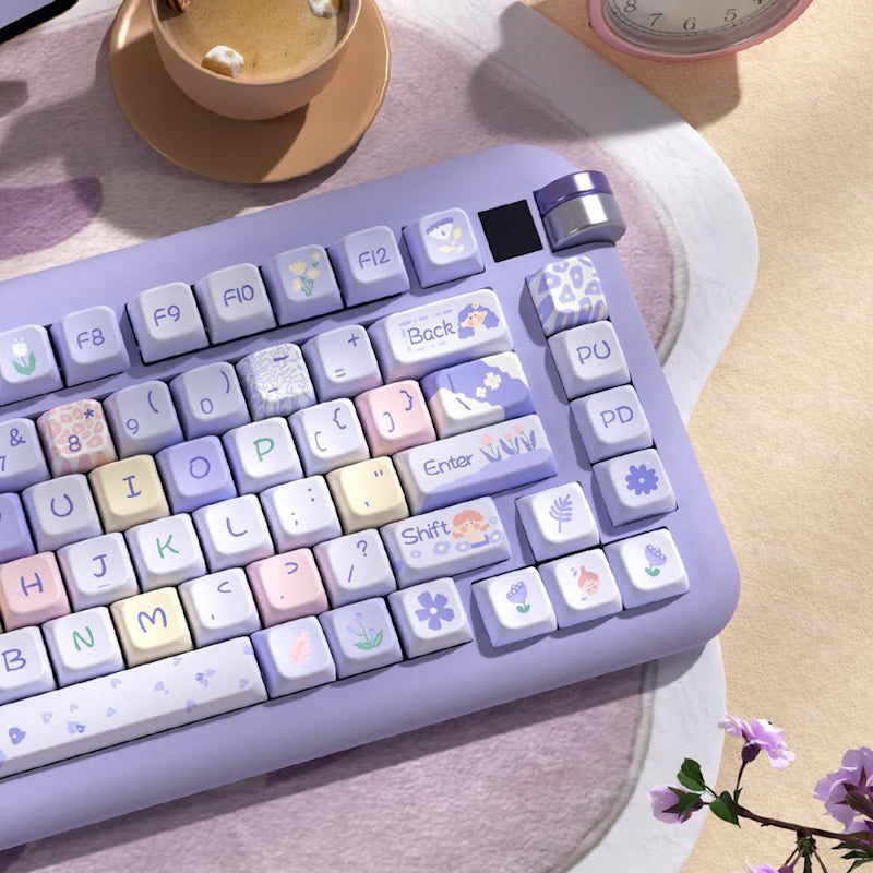 Limited Edition Floral Girl Themed Keycaps Set, Purple MDA Keycaps for Mechanical Keyboard