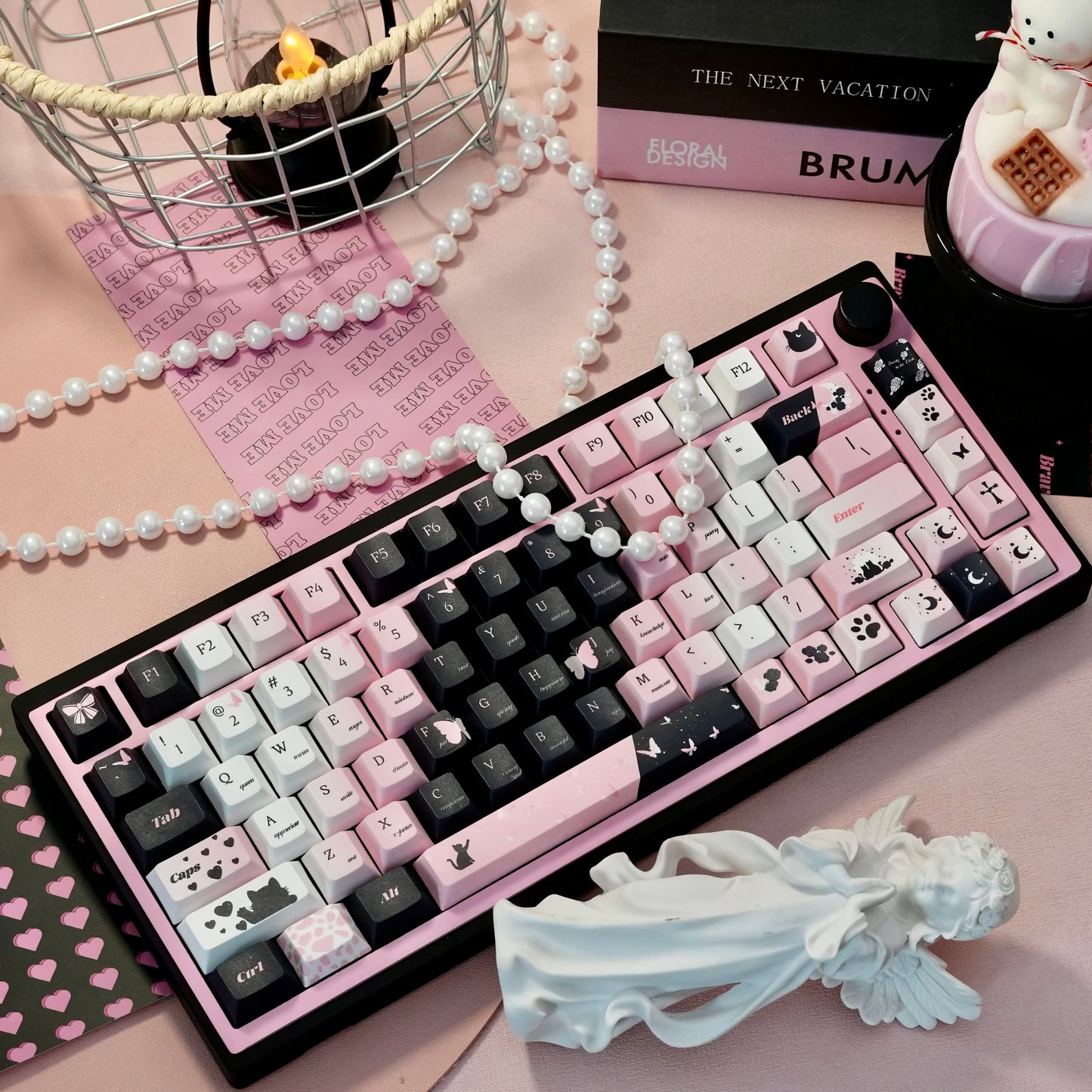 Black Cat Rose Black Keycaps Set Black&Pink Cherry Keycaps for Mechanical Keyboard