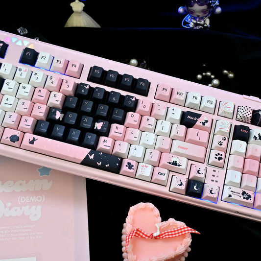 Black Cat Rose Black Keycaps Set Black&Pink Cherry Keycaps for Mechanical Keyboard