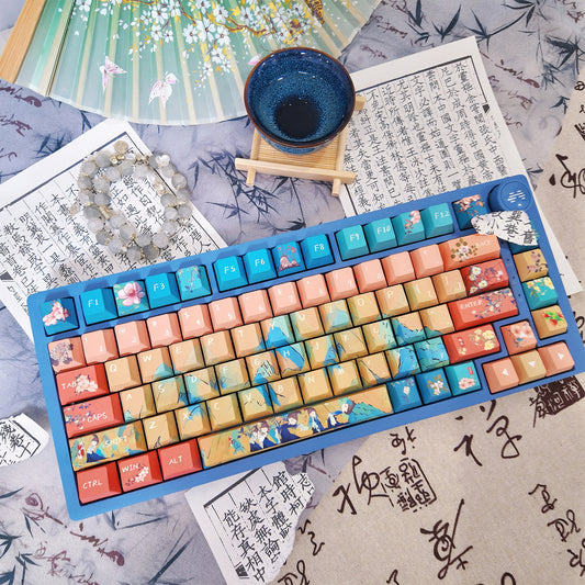 Limited Edition Chinese Style Keycaps Set for Mechanical Keyboard, Green Landscape Cherry Theme Keycaps'A Thousand Miles of Rivers and Mountains'