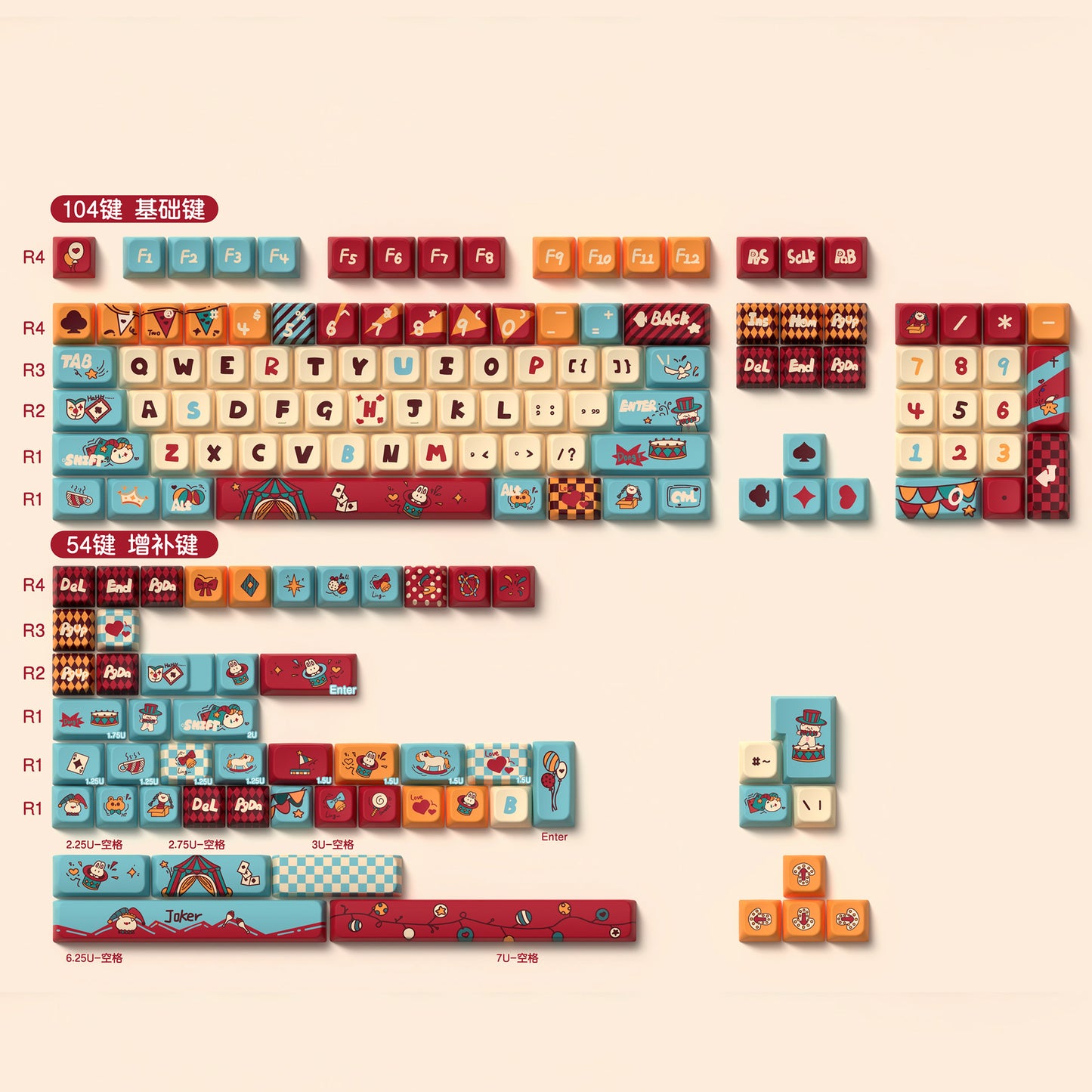 Limited Edition Kawaii Cat Circus Keycaps Set, Cute Cartoon MDA Keycaps for Mechanical Keyboard