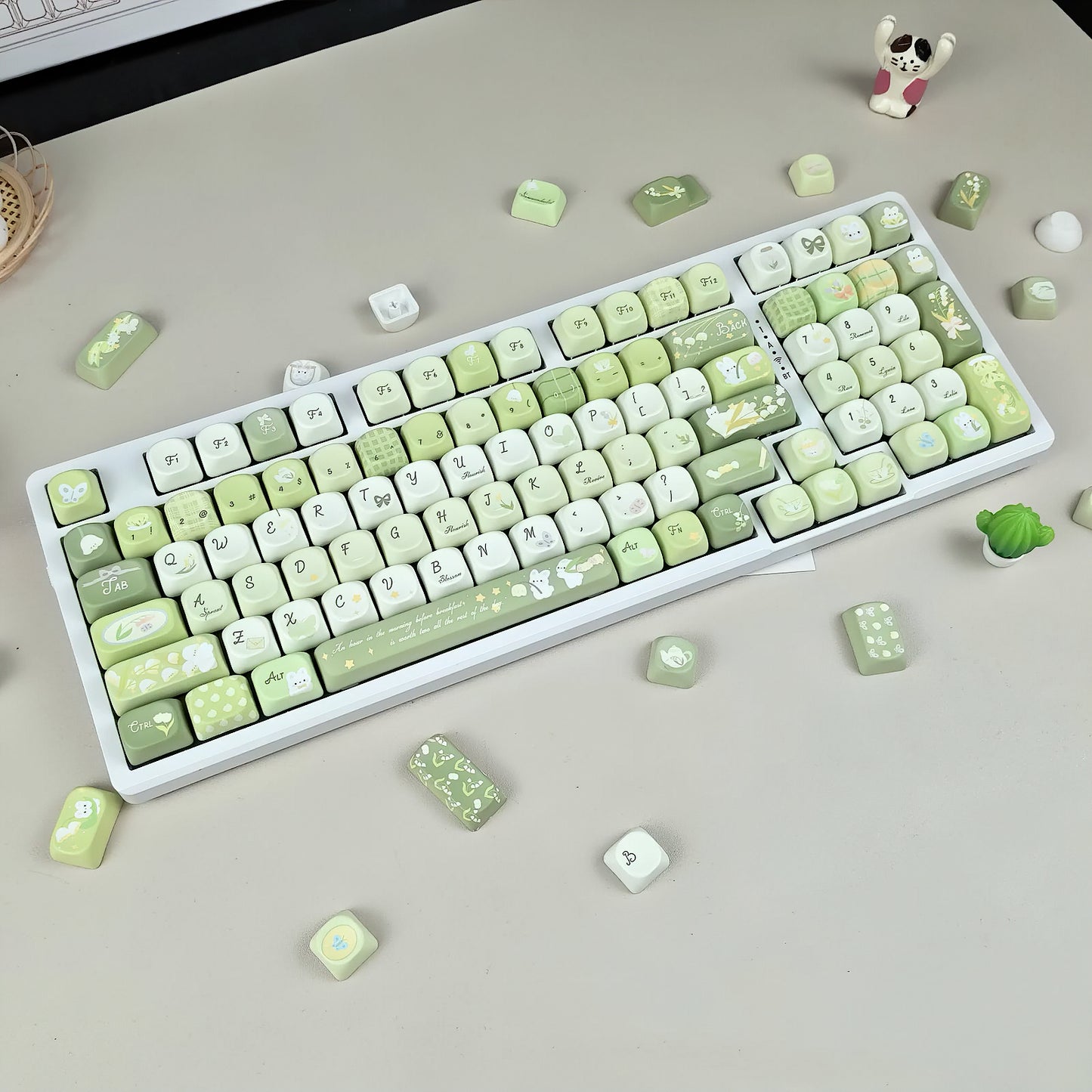 Lily of the Valley Poem Keycaps Set, ELegant Pastel Green Floral MOA Keycaps for Mechanical Keyboard
