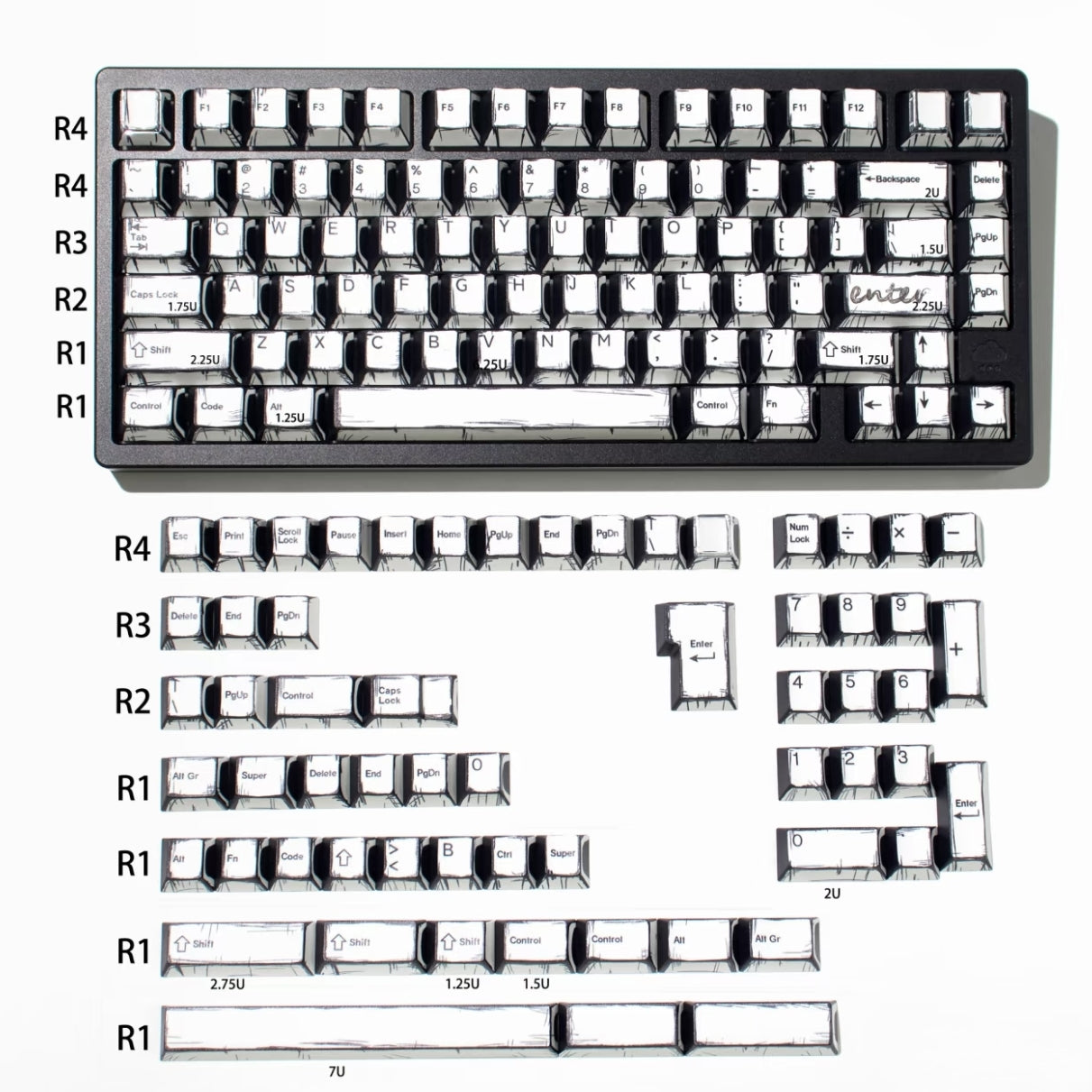 Anime White Comic Keycaps, Cartoon Design for Mechanical Keyboards, Cherry Keycap Set