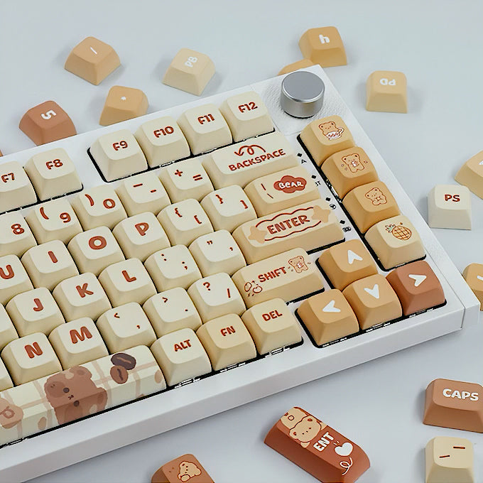 Cute Caramel Bear Keycaps Set,  Kawaii Cartoon XDA Keycaps for Mechanical Keyboards