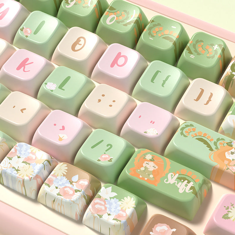 Limited Edition Mucha Garden Themed Keycaps Set, Custom Floral MDA Keycaps for Mechanical Keyboard