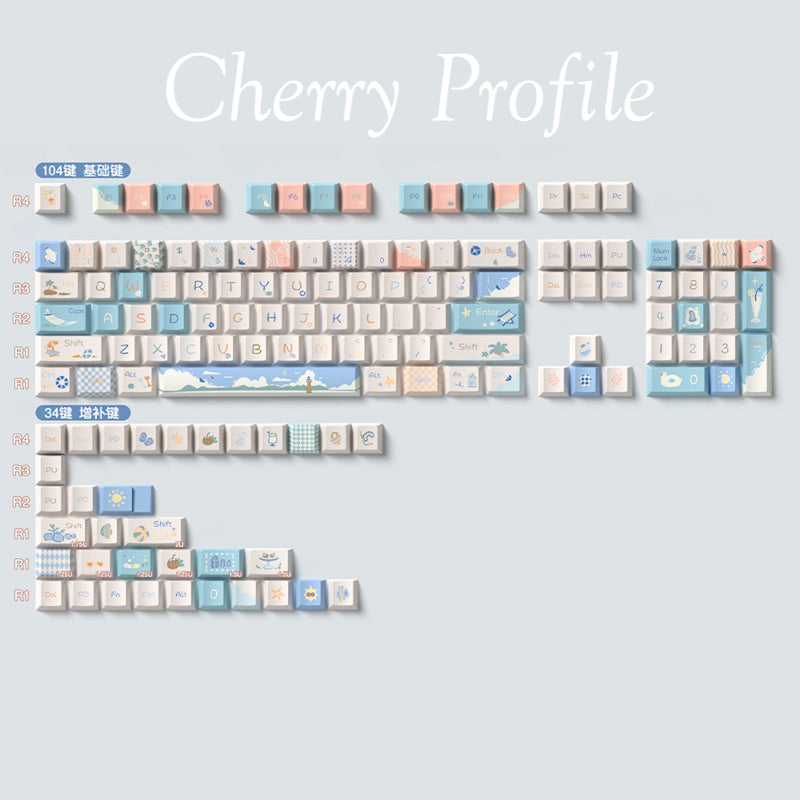 Limited Edition Beach Summer Themed Keycaps Set, Cute Coastal Cherry Keycaps for Mechanical Keyboard