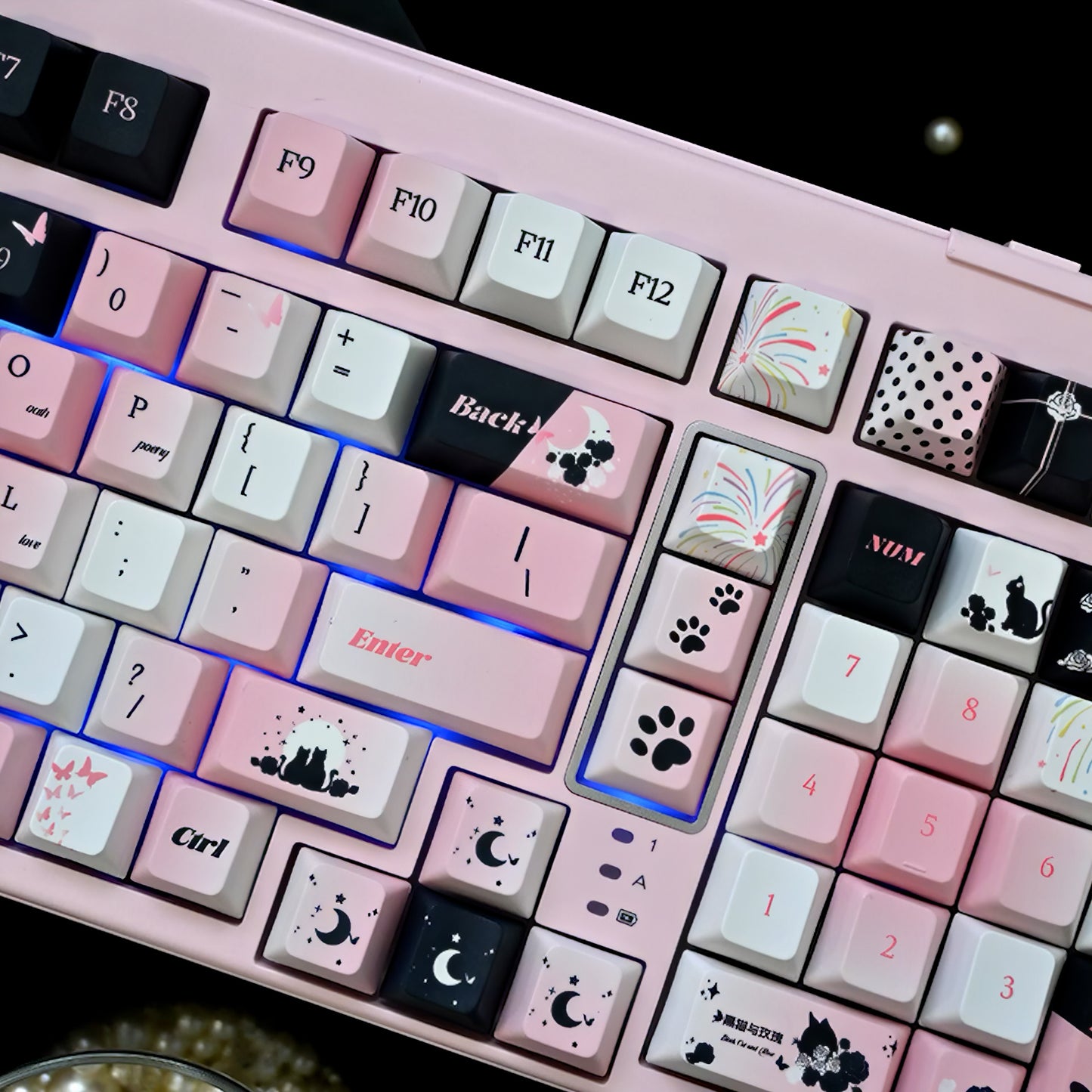 Black Cat Rose Black Keycaps Set Black&Pink Cherry Keycaps for Mechanical Keyboard
