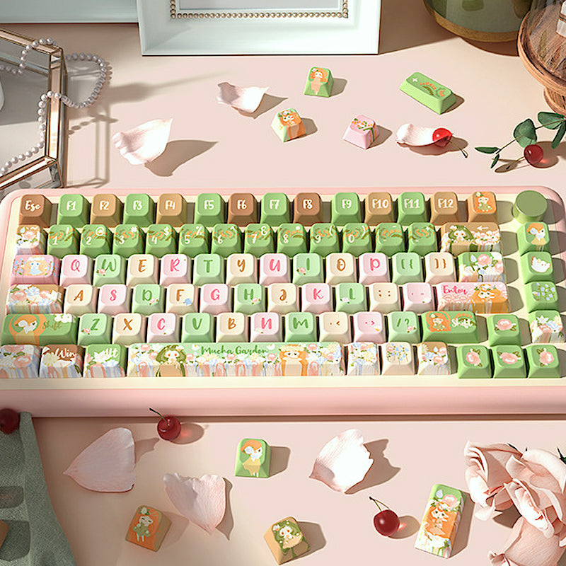 Limited Edition Mucha Garden Themed Keycaps Set, Custom Floral MDA Keycaps for Mechanical Keyboard
