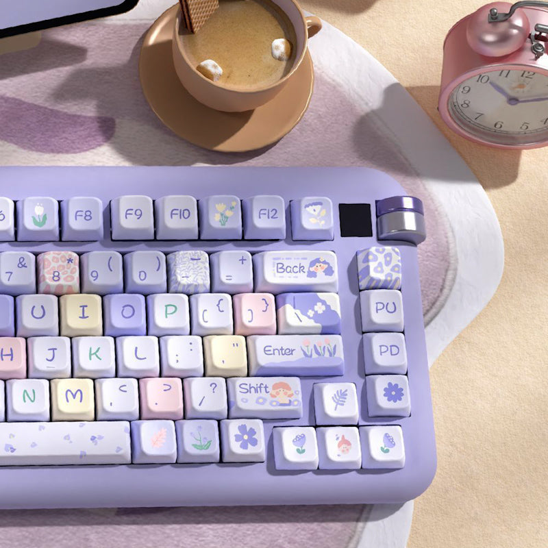 Limited Edition Floral Girl Themed Keycaps Set, Purple MDA Keycaps for Mechanical Keyboard
