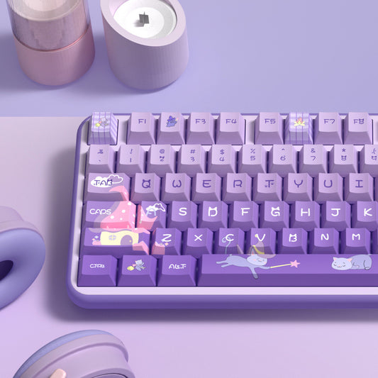 Limited Edition Meow Fairy Castle Themed Keycaps Set, Cute Cat Purple Cherry Profile Keycaps for Mechanical Keyboard