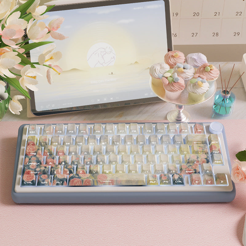 Limited Edition Sunset Flowers Themed Keycaps Set, Cherry Profile Side-Engraved Keycaps for Mechanical Keyboard