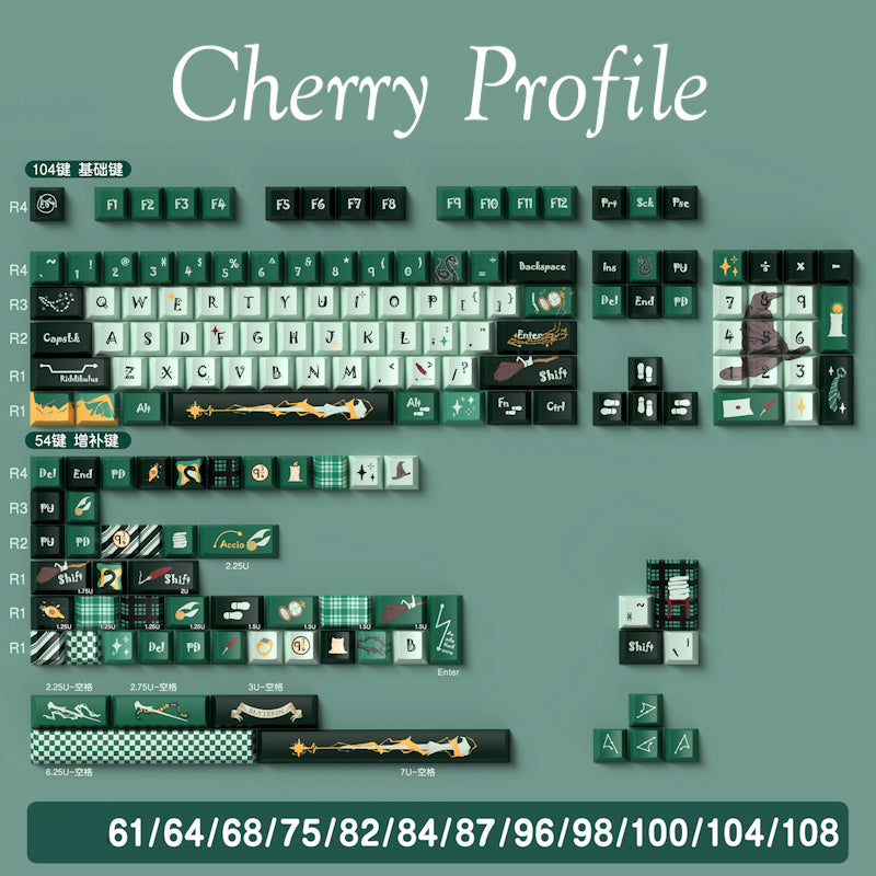 Limited Edition Harry Potter Slytherin Theme Keycaps Set for Mechanical Keyboard, Dark Green & Black Magic Wizard Style Cherry Keycaps Sets