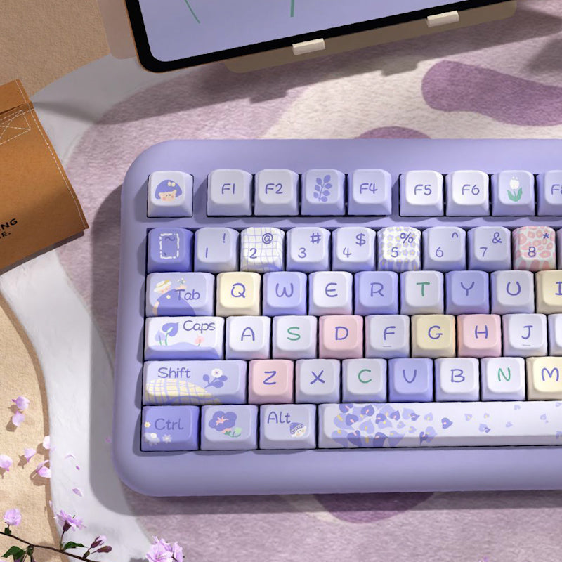 Limited Edition Floral Girl Themed Keycaps Set, Purple MDA Keycaps for Mechanical Keyboard