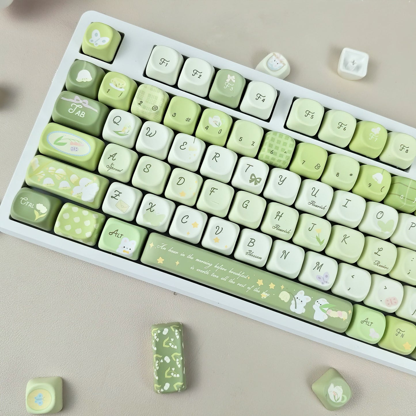 Lily of the Valley Poem Keycaps Set, ELegant Pastel Green Floral MOA Keycaps for Mechanical Keyboard