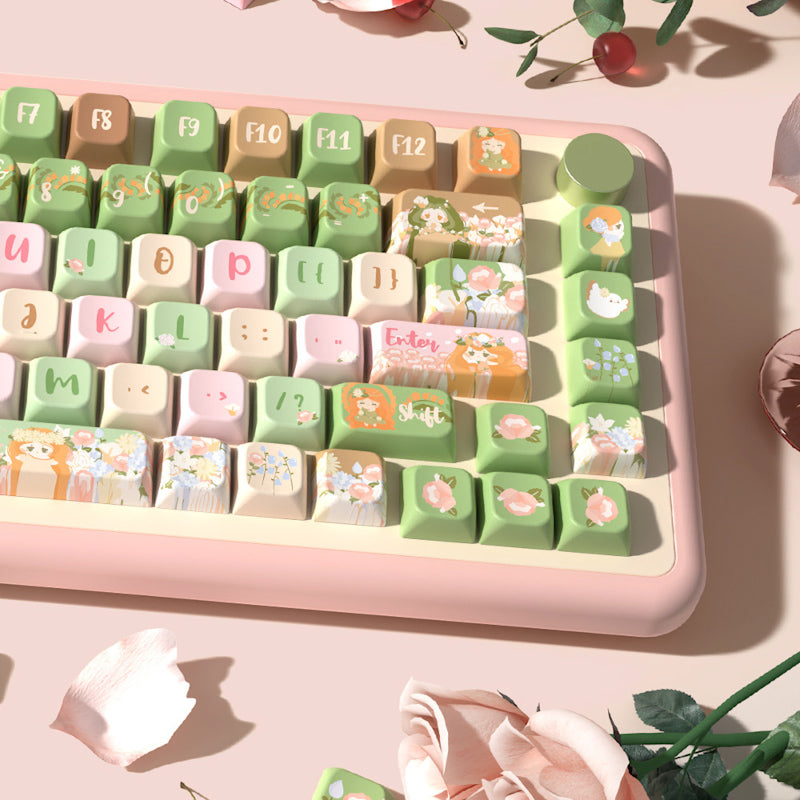 Limited Edition Mucha Garden Themed Keycaps Set, Custom Floral MDA Keycaps for Mechanical Keyboard