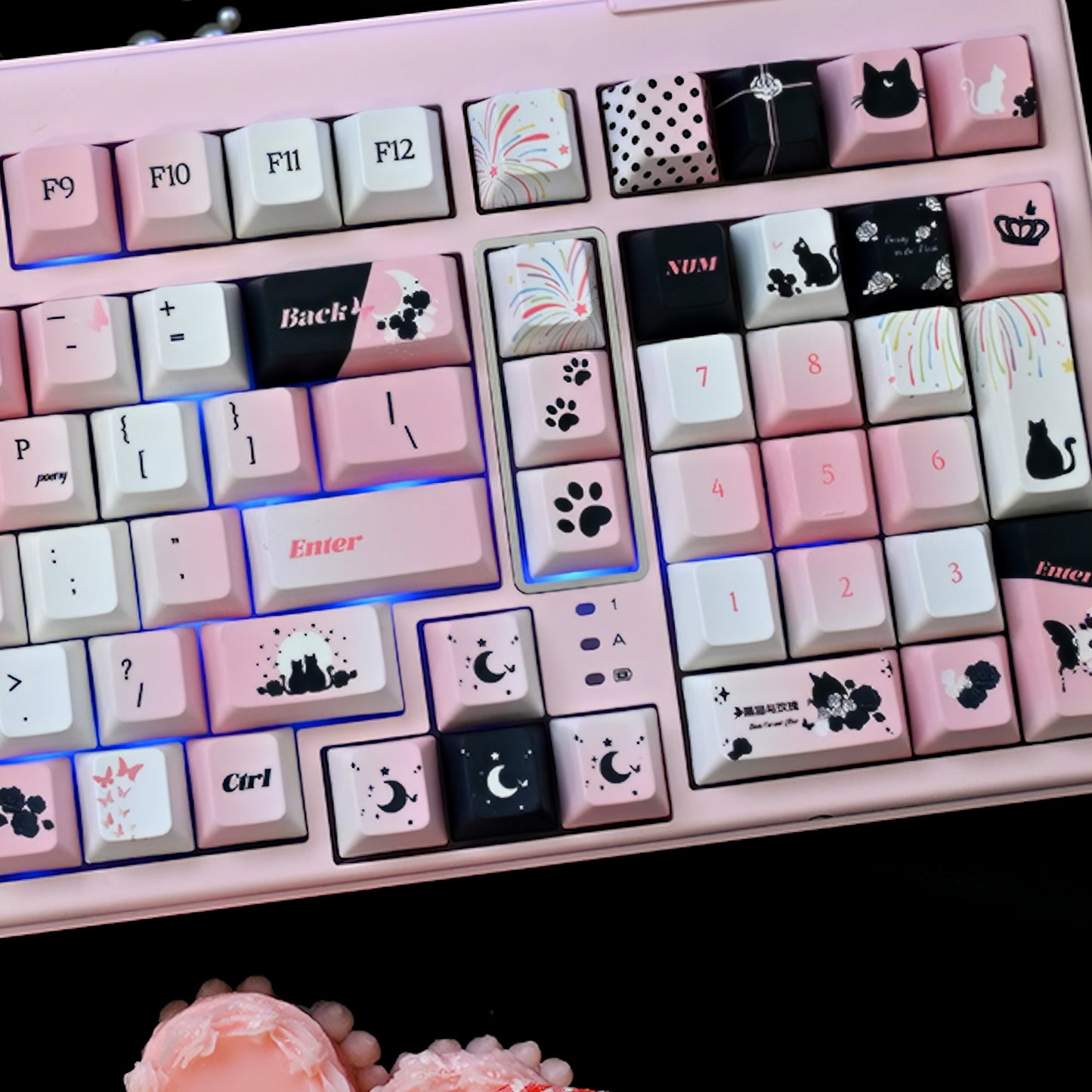 Black Cat Rose Black Keycaps Set Black&Pink Cherry Keycaps for Mechanical Keyboard