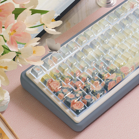 Limited Edition Sunset Flowers Themed Keycaps Set, Cherry Profile Side-Engraved Keycaps for Mechanical Keyboard