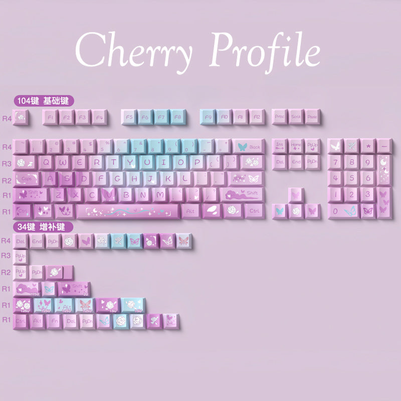 Limited Edition Dreamy Purple Butterfly Themed Keycaps Set, Cute Aesthetic MDA/Cherry Keycaps for Mechanical Keyboard