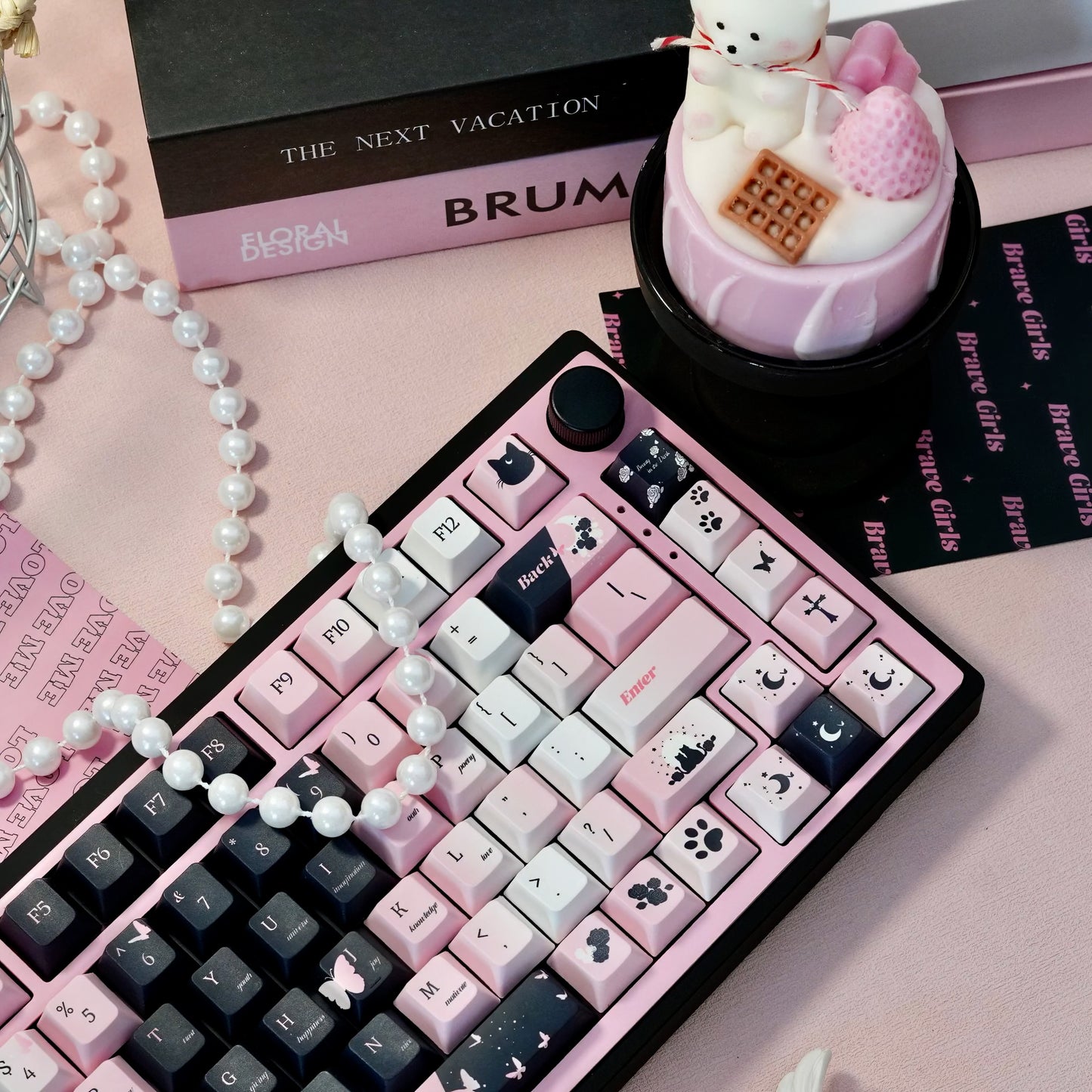 Black Cat Rose Black Keycaps Set Black&Pink Cherry Keycaps for Mechanical Keyboard