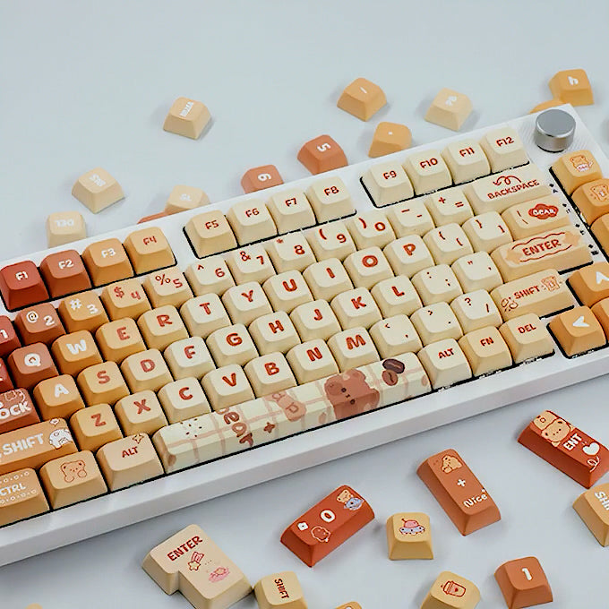 Cute Caramel Bear Keycaps Set,  Kawaii Cartoon XDA Keycaps for Mechanical Keyboards