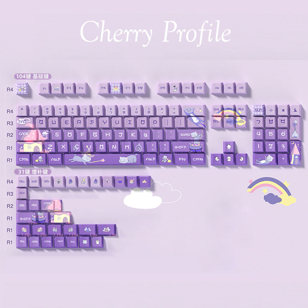 Limited Edition Meow Fairy Castle Themed Keycaps Set, Cute Cat Purple Cherry Profile Keycaps for Mechanical Keyboard