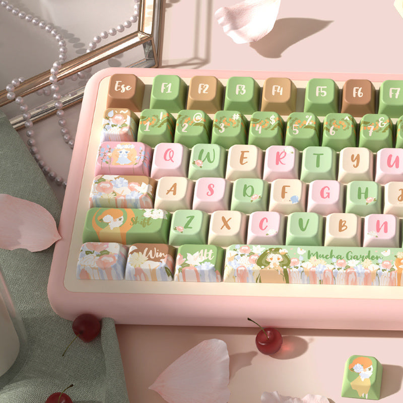 Limited Edition Mucha Garden Themed Keycaps Set, Custom Floral MDA Keycaps for Mechanical Keyboard