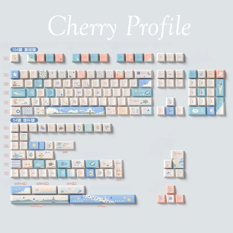 Limited Edition Beach Summer Themed Keycaps Set, Cute Coastal Cherry Keycaps for Mechanical Keyboard