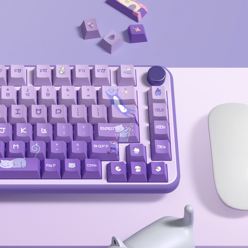 Limited Edition Meow Fairy Castle Themed Keycaps Set, Cute Cat Purple Cherry Profile Keycaps for Mechanical Keyboard
