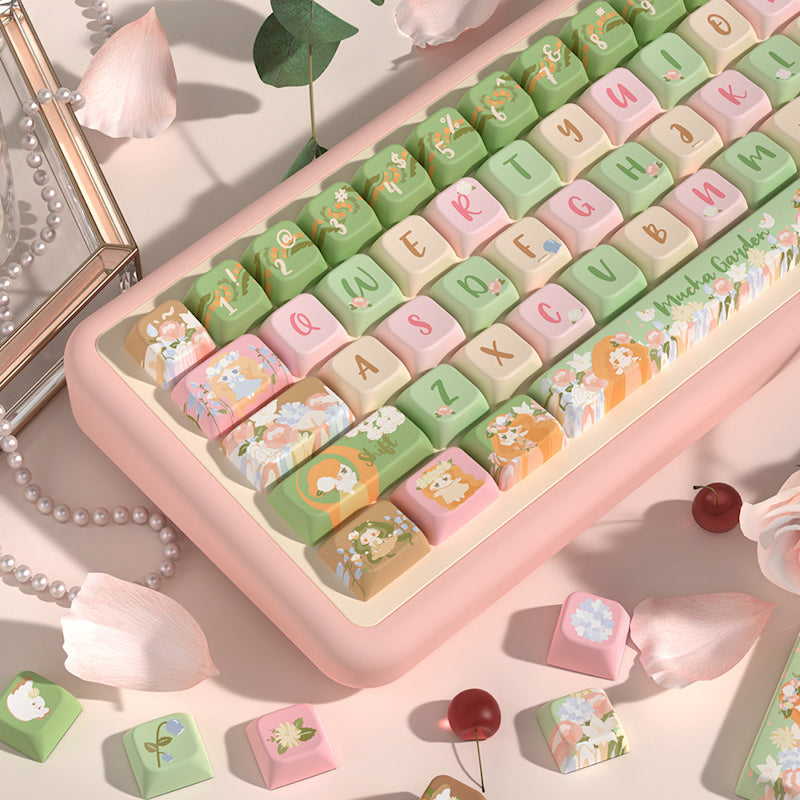 Limited Edition Mucha Garden Themed Keycaps Set, Custom Floral MDA Keycaps for Mechanical Keyboard