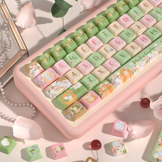 Limited Edition Mucha Garden Themed Keycaps Set, Custom Floral MDA Keycaps for Mechanical Keyboard