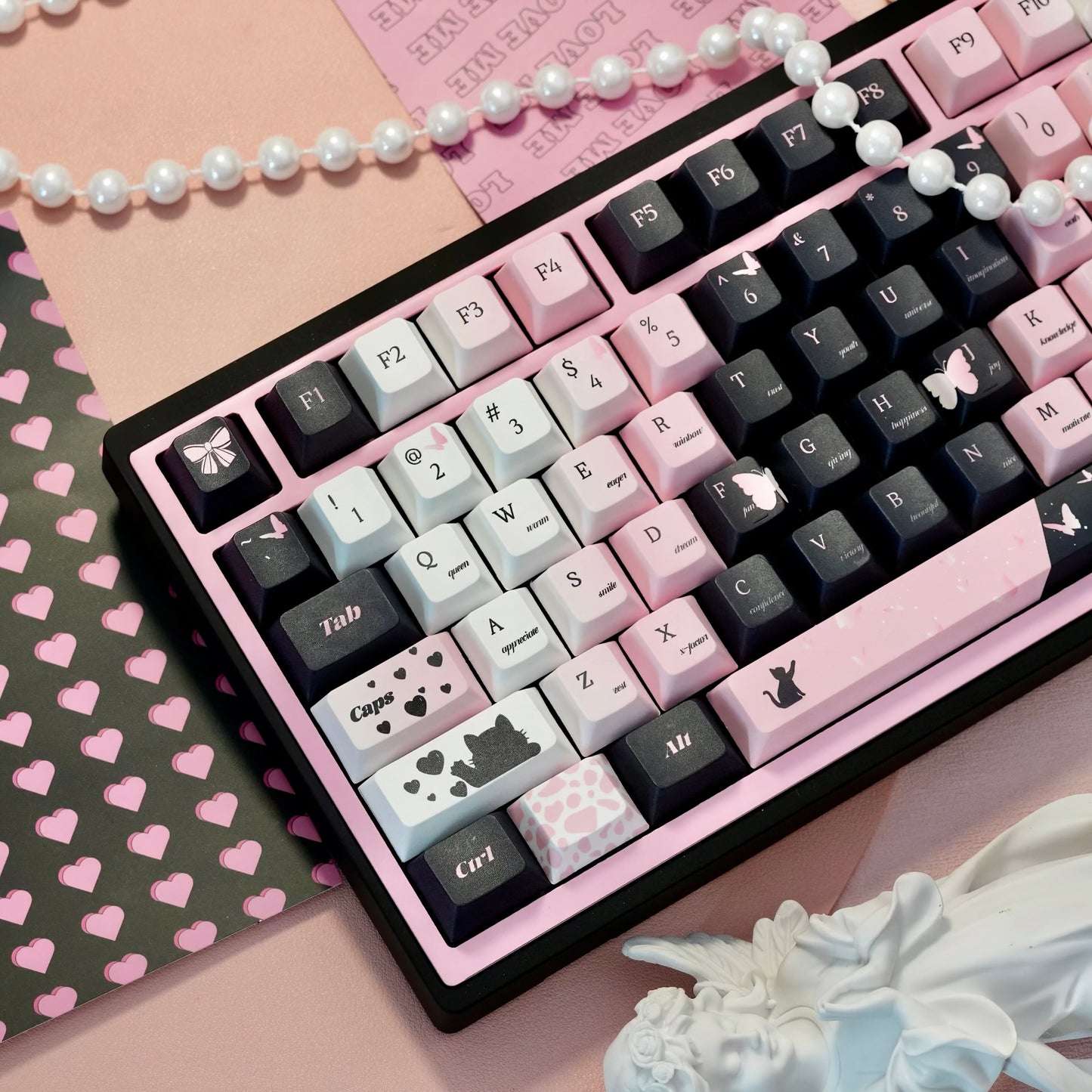 Black Cat Rose Black Keycaps Set Black&Pink Cherry Keycaps for Mechanical Keyboard