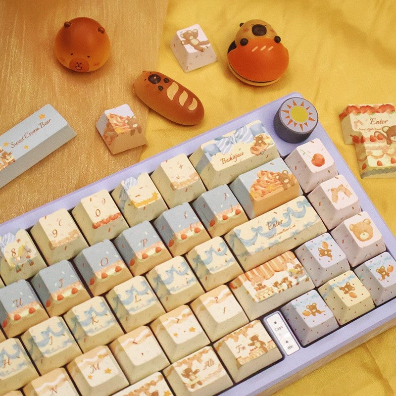 Limited Edition Cream Bear Keycaps Set for Mechanical Keyboard, Cute Dessert Theme MOA/Cherry Yellow Keycaps