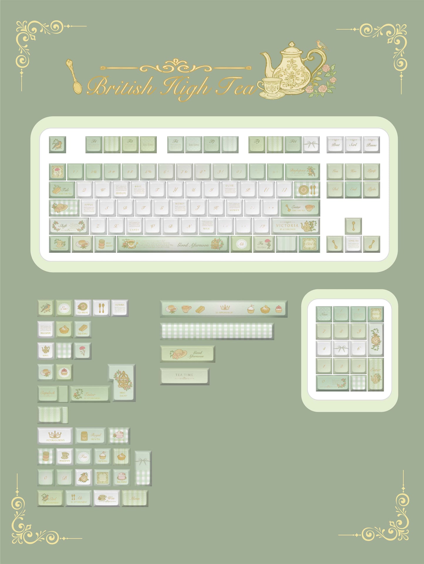 Pre-order Green Keycaps Set for Mechanical Keyboard, Tea Time Theme Cherry Keycaps